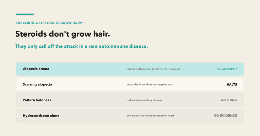Do corticosteroids regrow hair? Steroids call off the immune attack, they do not stimulate the follicle