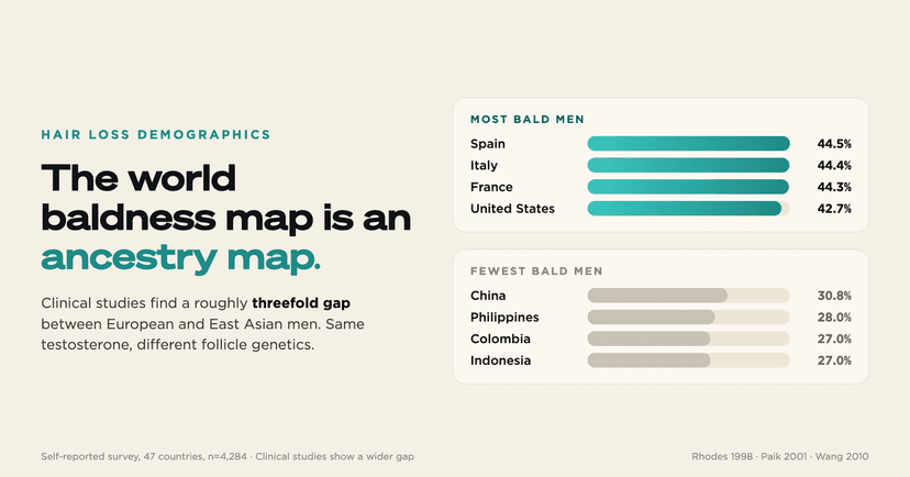 World baldness rankings: the most and least bald countries, with the ancestry gradient highlighted