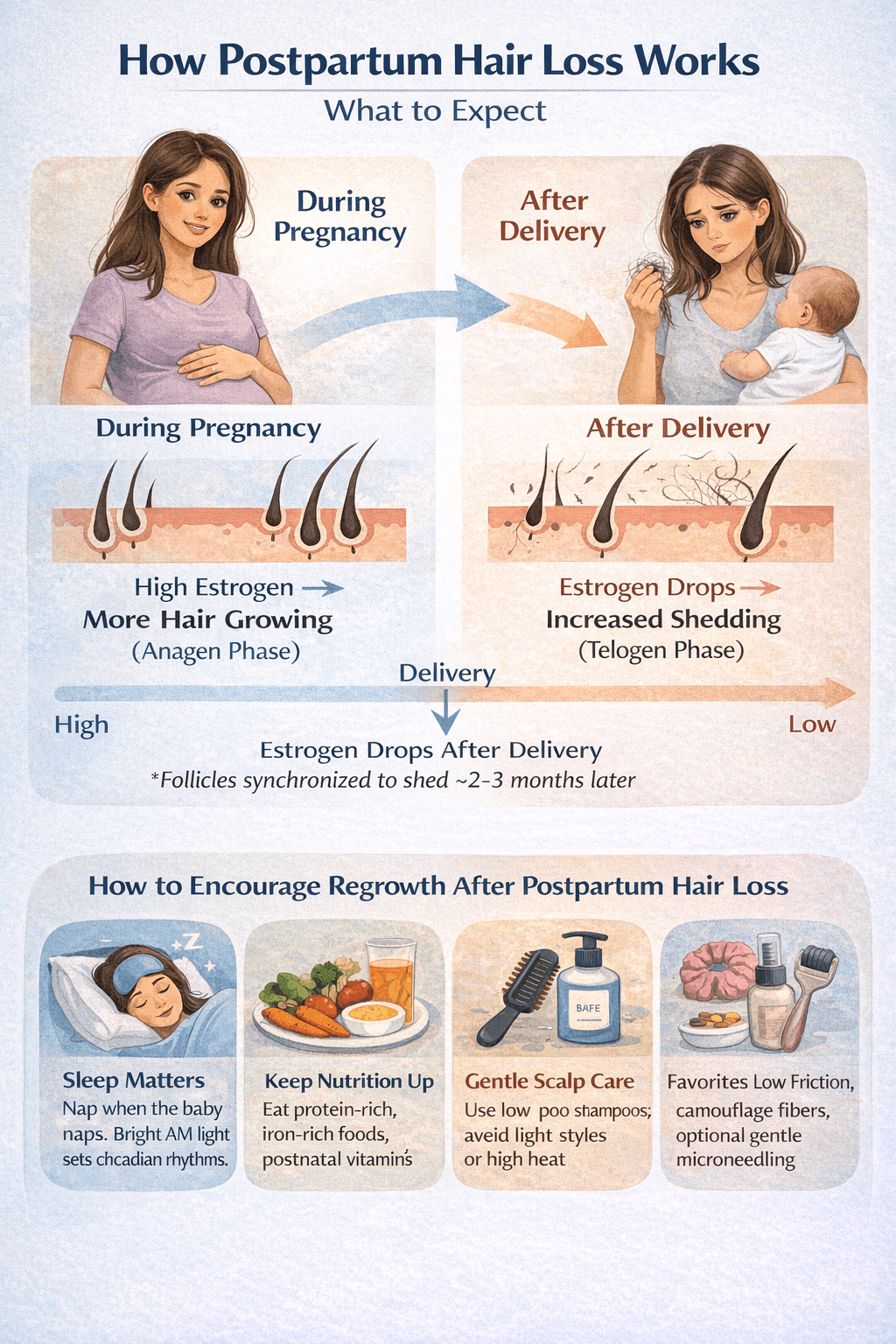 How Postpartum Hair Loss Works: Estrogen & Regrowth