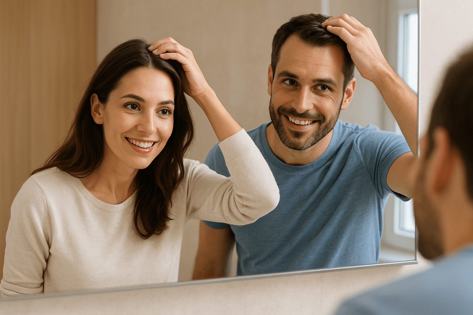 Confident Couple Checking Hair in Mirror